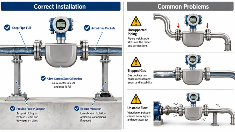 Installation best practices for Coriolis flow meters including full pipe, pipe support, and vibration control Installation best practices for Coriolis flow meters including full pipe, pipe support, and vibration control