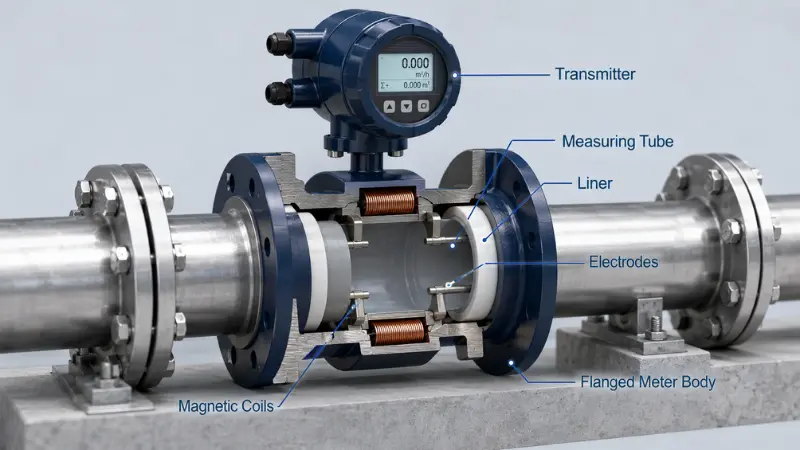 Cutaway view of electromagnetic flowmeter components including liner coils electrodes measuring tube and transmitter Cutaway view of electromagnetic flowmeter components including liner coils electrodes measuring tube and transmitter