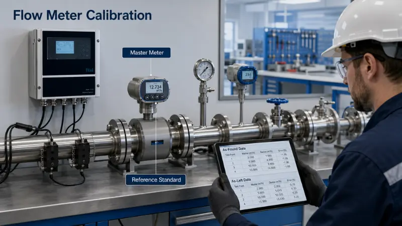 Flow meter calibration setup with master meter, reference standard, test bench, and as-found and as-left calibration data. Flow meter calibration setup with master meter, reference standard, test bench, and as-found and as-left calibration data.