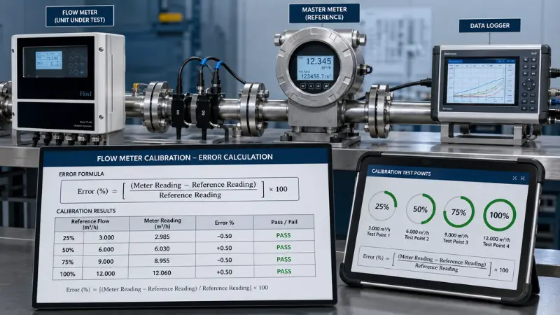 Flow meter calibration error calculation using multiple flow test points and reference versus meter readings. Flow meter calibration error calculation using multiple flow test points and reference versus meter readings.
